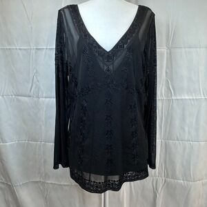 White House Black Market Black Embroidered Sheer Mesh Overlay Top XL Long Sleeve